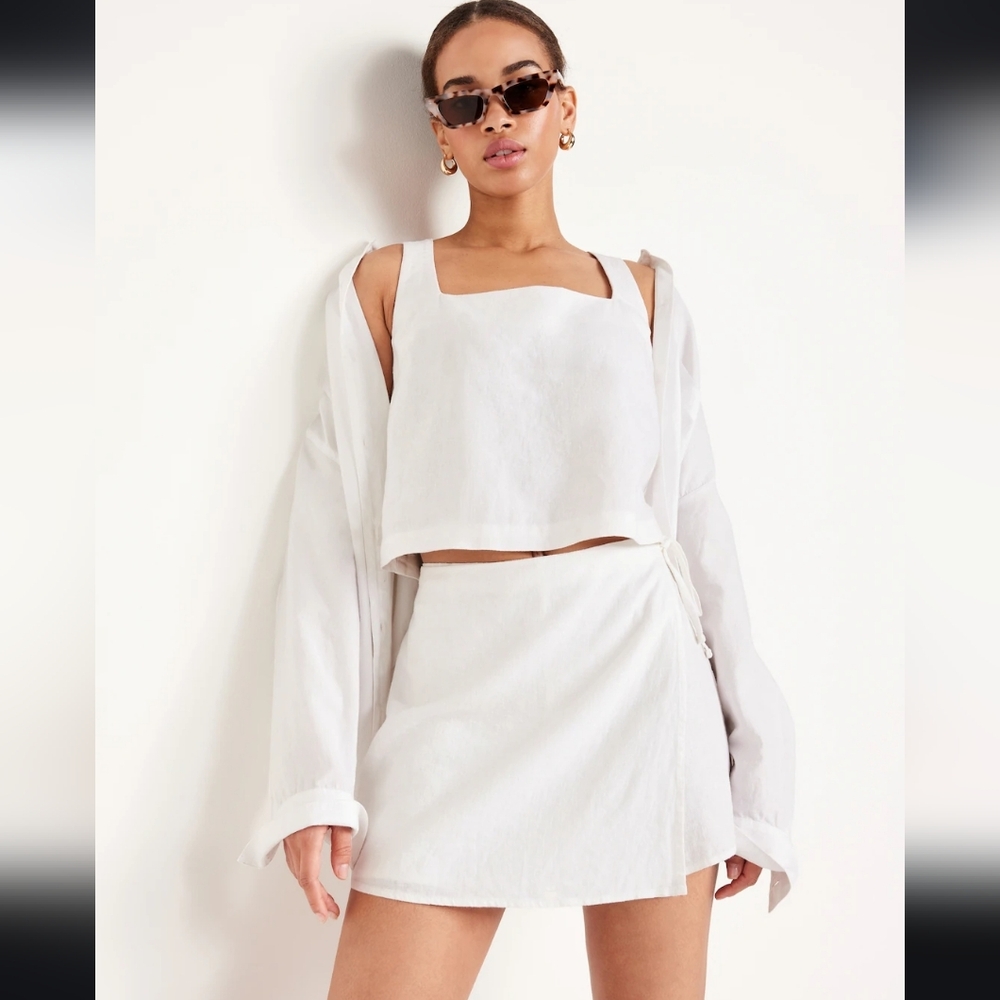 NWT Old Navy High-Waisted Linen-Blend Wrap- Front Mini Skort, white, size XL